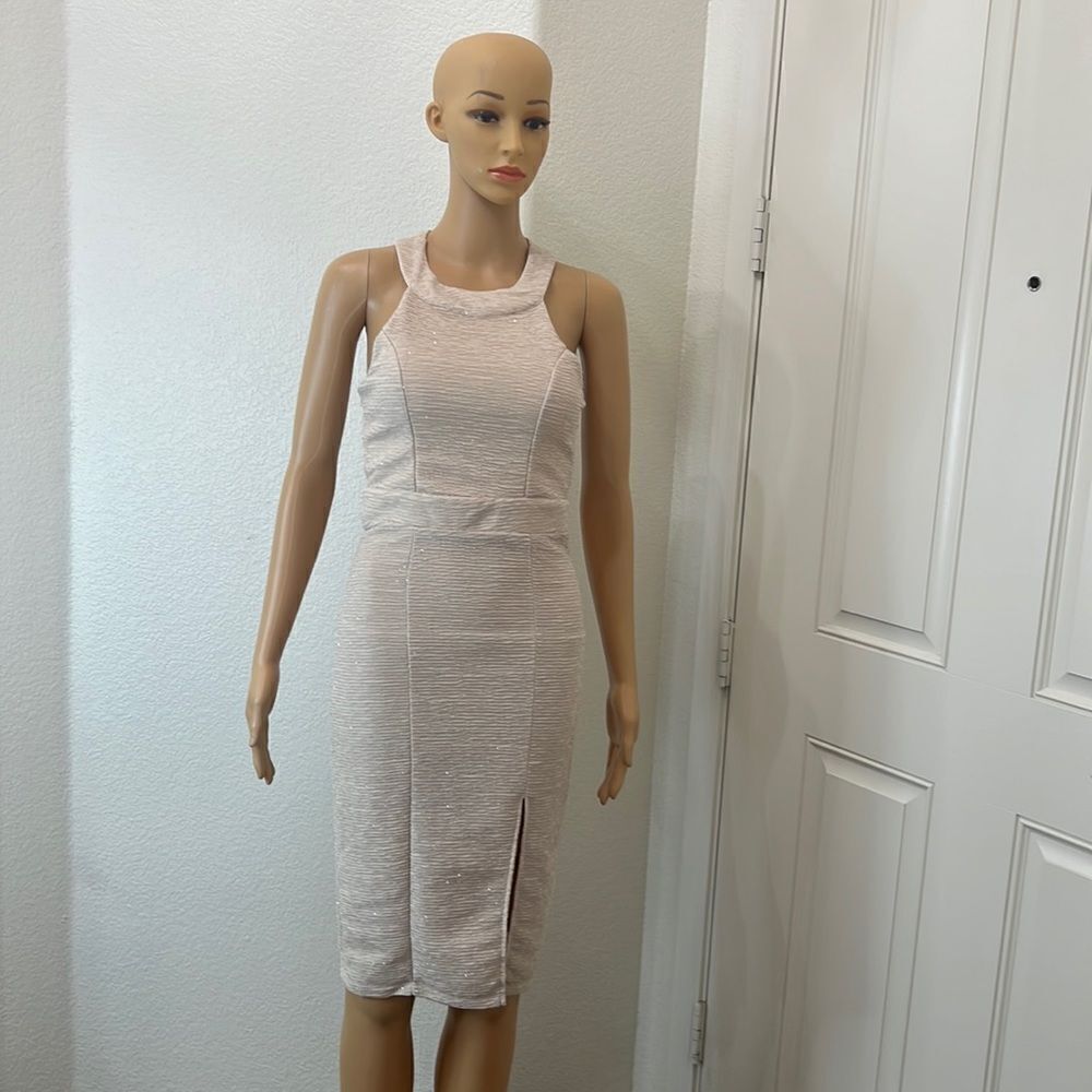 Trixxi Dress Size 3 Scoop Neck Sleeveless Pencil Skirt Beige Silver Sparkle Bow